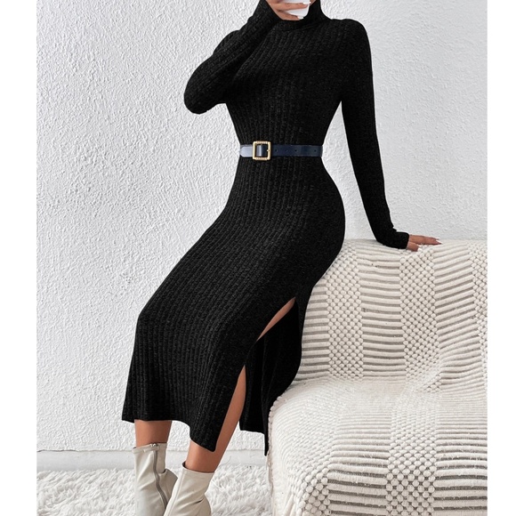 Classic Black Ribbed Turtleneck Split hem Long Sleeve Sweater Dress - Picture 4 of 4